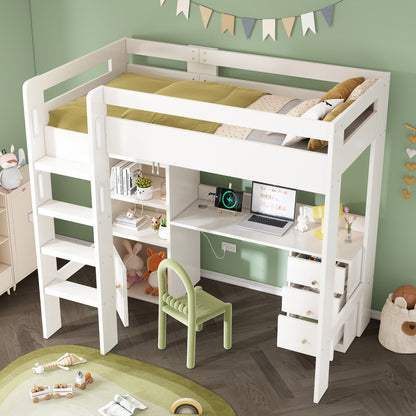 Kinderbett Hochbett mit USB-C Schreibtisch, Kleiderschrank und Aktenschrank, Jugendbett  Einzelbett mit Treppe und Lattenrost, Stauraum,90×200, Ohne Matratze