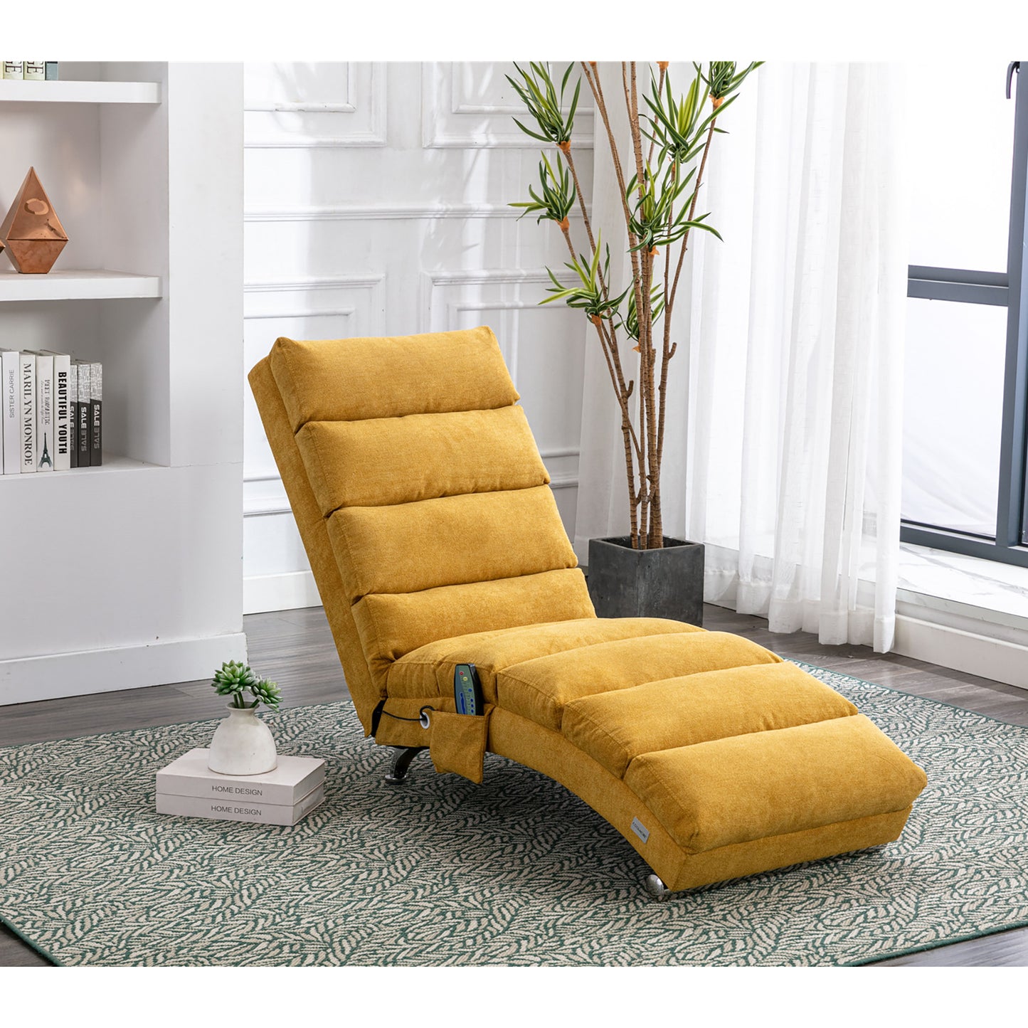 Sackleinen Massage Chaise Lounge Indoor mit Fernbedienung, Ergonomische elektrische Massage Long Lounger mit 5 Modi für Büro, Wohnzimmer, Schlafzimmer (Senfgelb)