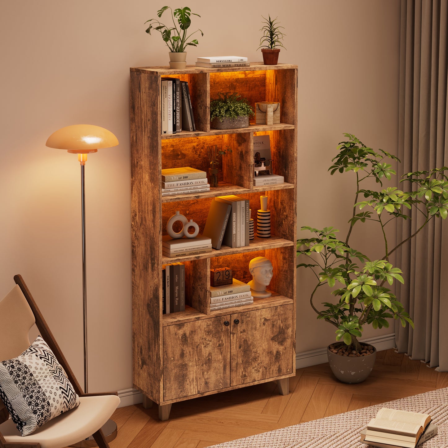 Bücherregal, LED-Farbwechsel-Ambientelicht, Fernbedienung, einfache Form, braun