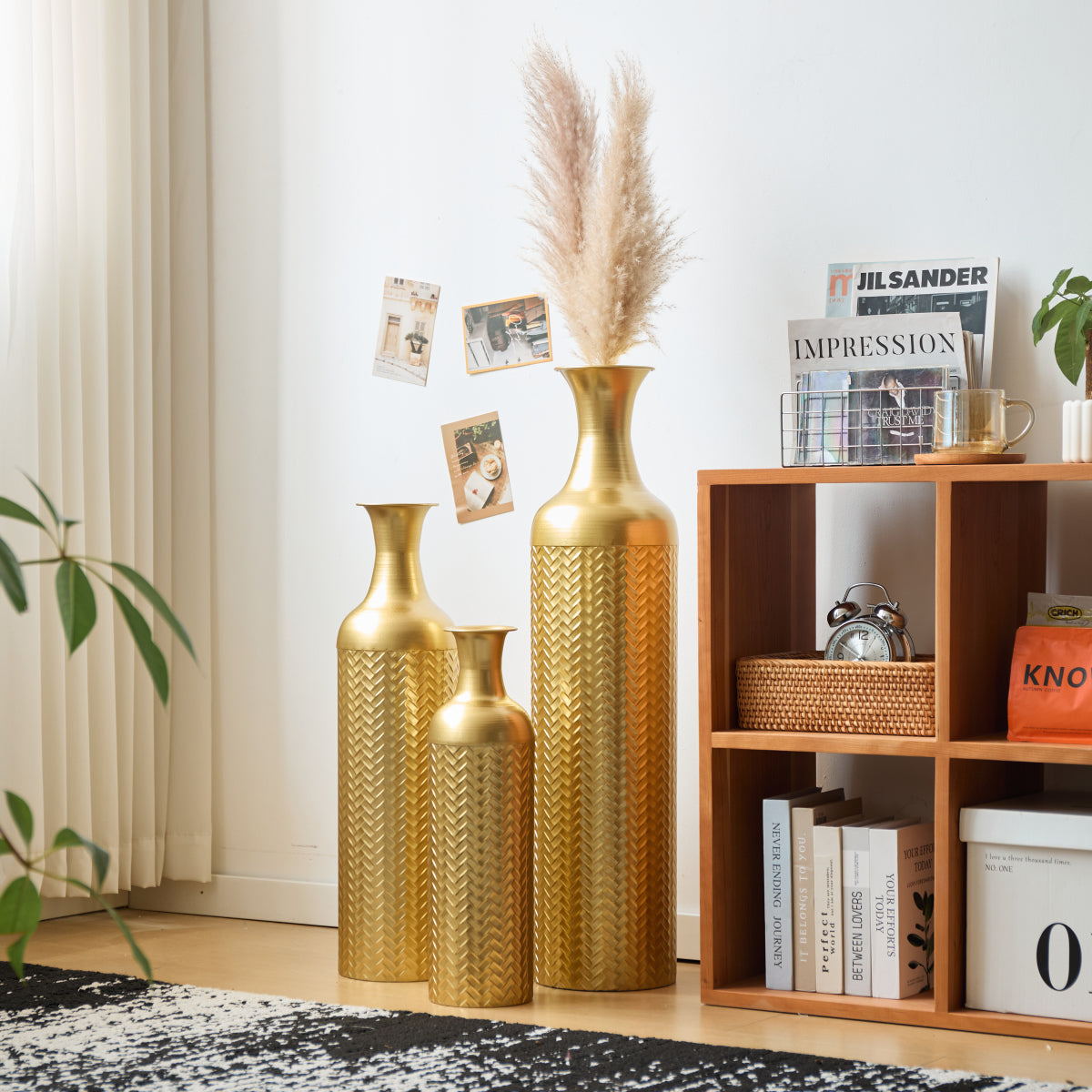 3er Set Bodenvase Metall, Gold, Retro Stil, Hohe Dekovasen 83/65/50 cm