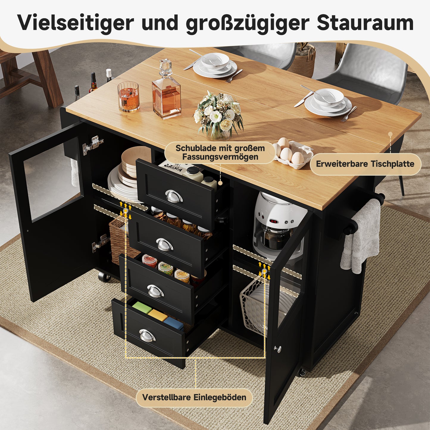 Kücheninsel Küchenwagen auf Rollen 120x73x93cm ausziehbarer Küchenschrank Buffetschrank mit Gewürzregal Handtuchhalter 2 Türen 4 Schubladen Schwarz