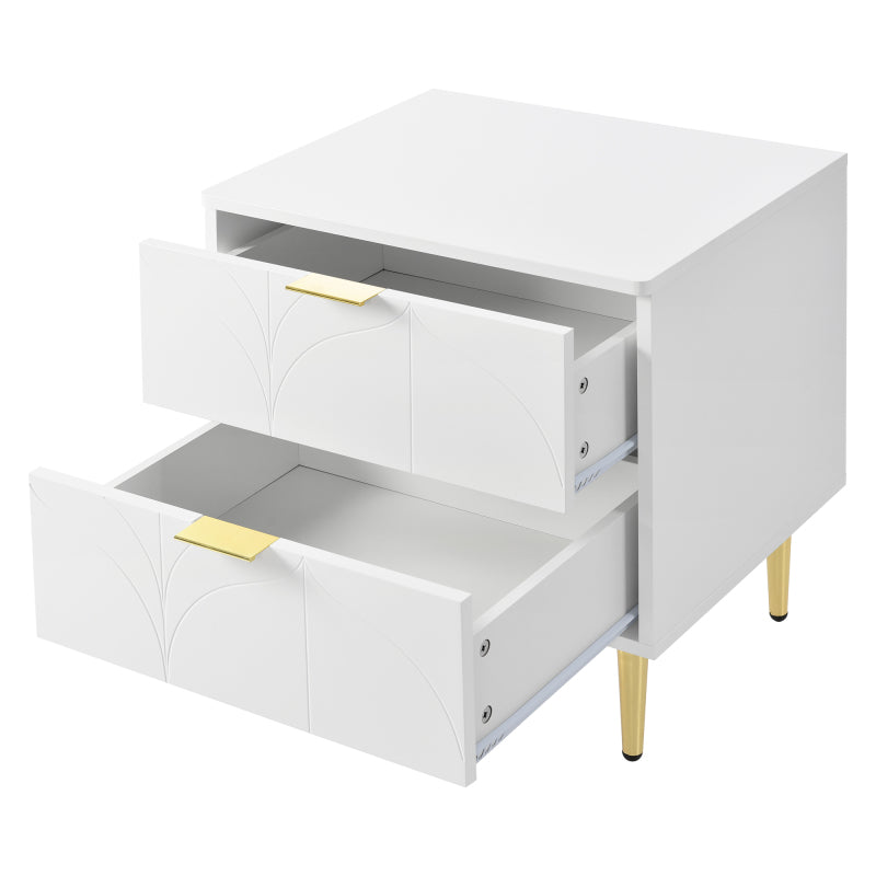 Moderner Nachttisch mit vergoldeten Füßen und Knöpfen, florales Muster, 2er-Set mit 2 Schubladen, lackiert, Ecken mit Anti-Bump-Design, 50B*40T*54H cm, weiß