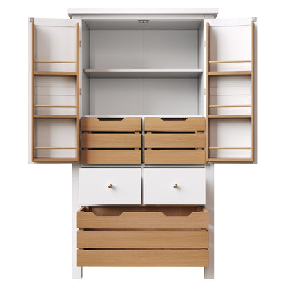 Küchenschrank 140cm hoch, Buffet-Schrank mit 2 Türen & 5 Schubladen, Mehrzweckschrank Weiß, Sideboard Vorratsschrank mit Kippschutz, 80x40cm