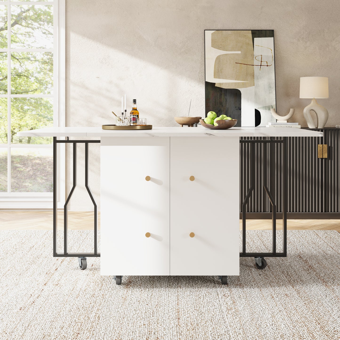 Tragbarer Esstisch, klappbare Tischplatte, marmorierte Tischplatte, geeignet für Esszimmer, Wohnzimmer, verstellbare Trennwände, großes Staufach, 6 Rollen (2 feststellbar), schwarze Tischbeine