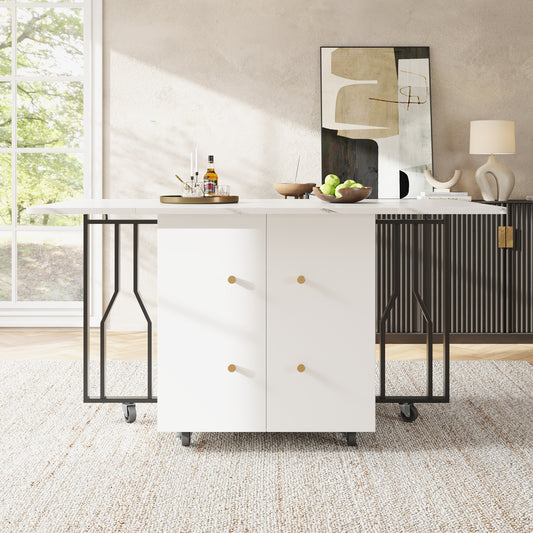 Tragbarer Esstisch, klappbare Tischplatte, marmorierte Tischplatte, geeignet für Esszimmer, Wohnzimmer, verstellbare Trennwände, großes Staufach, 6 Rollen (2 feststellbar), schwarze Tischbeine
