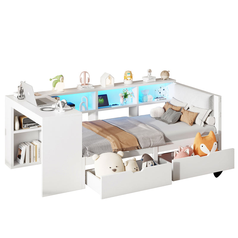 90x200 Holz-Plattformbett mit Ablageflächen, Schubladen, Ladestation und gepolstertem Kopfteil, Mit bunten LED-Leuchten, Weiß
