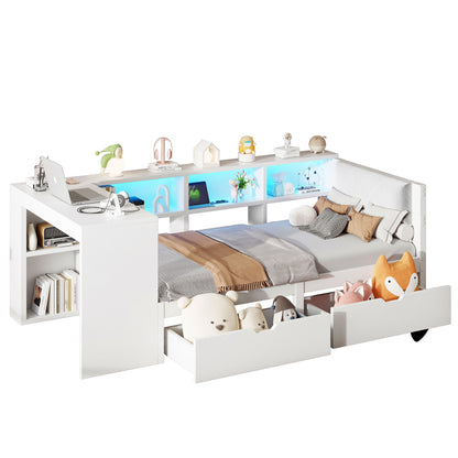 90x200 Holz-Plattformbett mit Ablageflächen, Schubladen, Ladestation und gepolstertem Kopfteil, Mit bunten LED-Leuchten, Weiß
