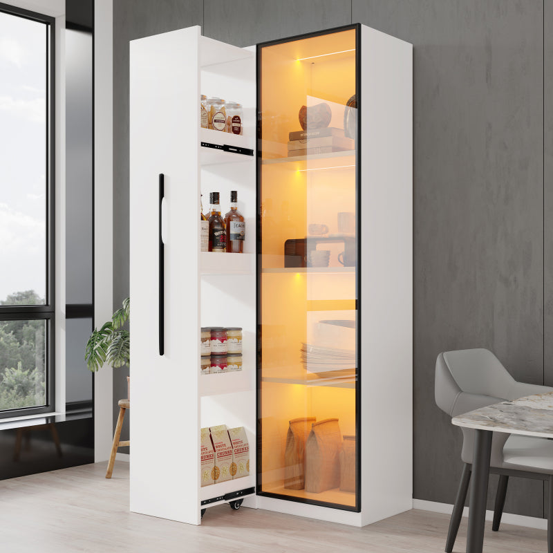 Multifunktionsschrank 160 cm hoch – Bücherregal und Vitrine mit Türen aus gehärtetem Glas, Türrahmen aus Aluminium, 1 Tür, 1 seitliche Schublade, mit Rollen und LED-Beleuchtung – Vitrine, Esszimmersch