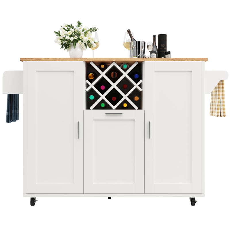 Kücheninsel mit herausnehmbaren Trennwänden, Küchenschrank, Esszimmerwagen mit Arbeitsplatte, Buffetschrank, Esszimmerwagen mit Holzmaserung, seitlicher Handtuchhalter mit Flaschenhalter, weiß