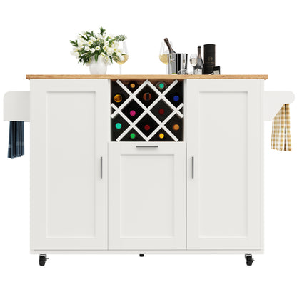 Kücheninsel mit herausnehmbaren Trennwänden, Küchenschrank, Esszimmerwagen mit Arbeitsplatte, Buffetschrank, Esszimmerwagen mit Holzmaserung, seitlicher Handtuchhalter mit Flaschenhalter, weiß