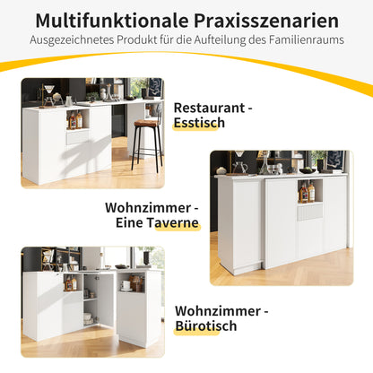 360° Drehbarer Bartisch 210cm L-Form Kücheninsel mit Marmor-Optik Arbeitsplatte, Moderner Tresen & Aufbewahrungsschrank Weiß, Sideboard