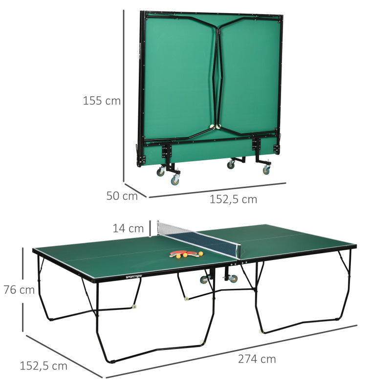 SPORTNOW Indoor Tischtennisplatte mit Rollen, Tischtennistisch Klappbar, Tischtennisspiel-Set mit 2 Tischtennisschlägern, 3 Bällen, Stahl, Grün