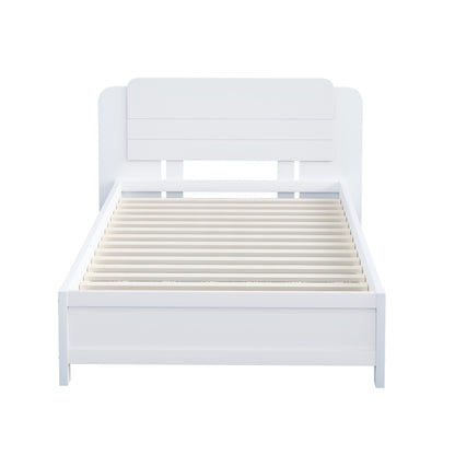Holzbett 90*200 cm , Einzigartige und Minimalistische Form, Kopfteil mit Liniendesign, Kindereinzelbett, Weiß