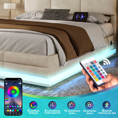 140 x 200cm Bettgestell aus weichem Samt mit USB Type C Ladefunktion und LED Beleuchtung, Hydrauliksystem Stauraum Bettgestell aus Samtmaterial Jugendbett mit Lattenrost, Beige