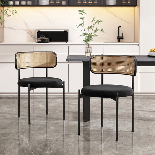 Samt-Esszimmerstuhl,2er set, Rattan-Freizeitstuhl, Schwarz