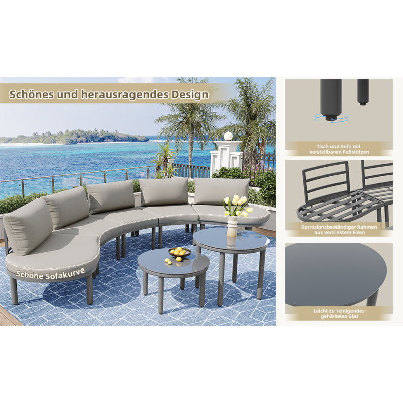 Gartenmöbel-Set (10 Sitzplätze), 4 Couchtische aus gehärtetem Glas, verzinkter Eisenrahmen, bequeme Gartenmöbel mit grauen Sitzpolstern und Kissen, verstellbare Beine, elegantes rundes Sofa