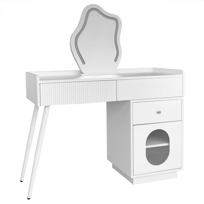 Schminktisch mit LED-Spiegel und Beleuchtung - Weißes Schminktisch-Set für Schlafzimmer mit drei geräumigen Schubladen und einer Tür (ohne Hocker)