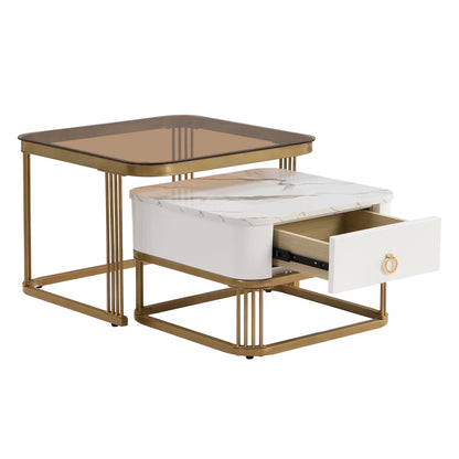 Stapelbarer Couchtisch: hochglänzende Marmoroptik und Teebraun Glasplatte, goldene Akzente, Beistelltisch mit Schubladen.  zweiteiliges Set