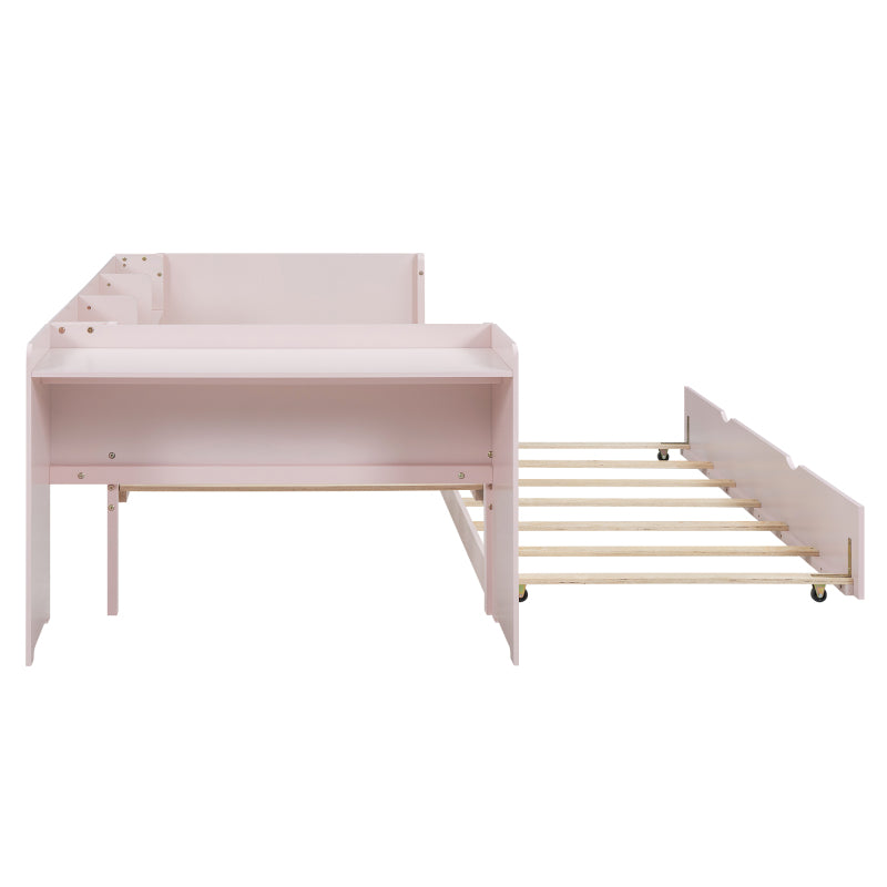 90*200cm, Flachbett, mit ausziehbarem Bett, mit Schreibtisch, drei Regale an der Seite des Bettes, Rosa