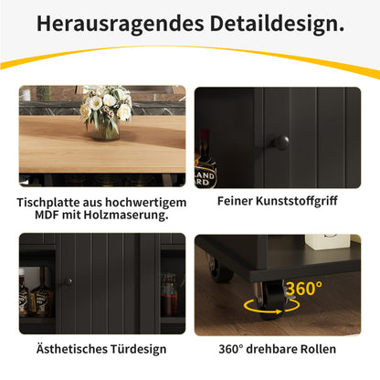 Moderne Kücheninsel (127×46×91,5cm) Küchenschrank Essschrank mit Holzmaserung Esswagen mit multifunktionalem Stauraum und herausnehmbaren Trennwänden, schwarz