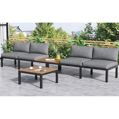 Garten-Lounge-Set (2 Zweisitzer, 2 Beistelltische, 1 Tisch), Tischplatte aus massiver Akazie, Stoffbezug für Rückenlehne, grau(previous sku:HW00005AAE)