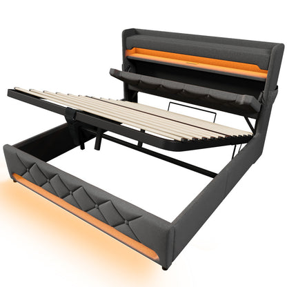 Polsterbett Doppelbett 180*200, Stauraum Kopfteil mit USB und Typ C-Port ,360-Surround-LED-Funktion rund um Kopf- und Fußende des, Betten mit Hydraulisch Stauraum, Grau , Leinen(Ohne Matratze)