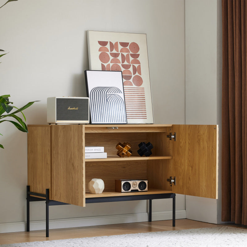 Sideboard mit 2 Türen und Metallbeinen, Buffet, Kommode mit Linien-Design, Maße: H 75 cm / B 100 cm / T 40 cm