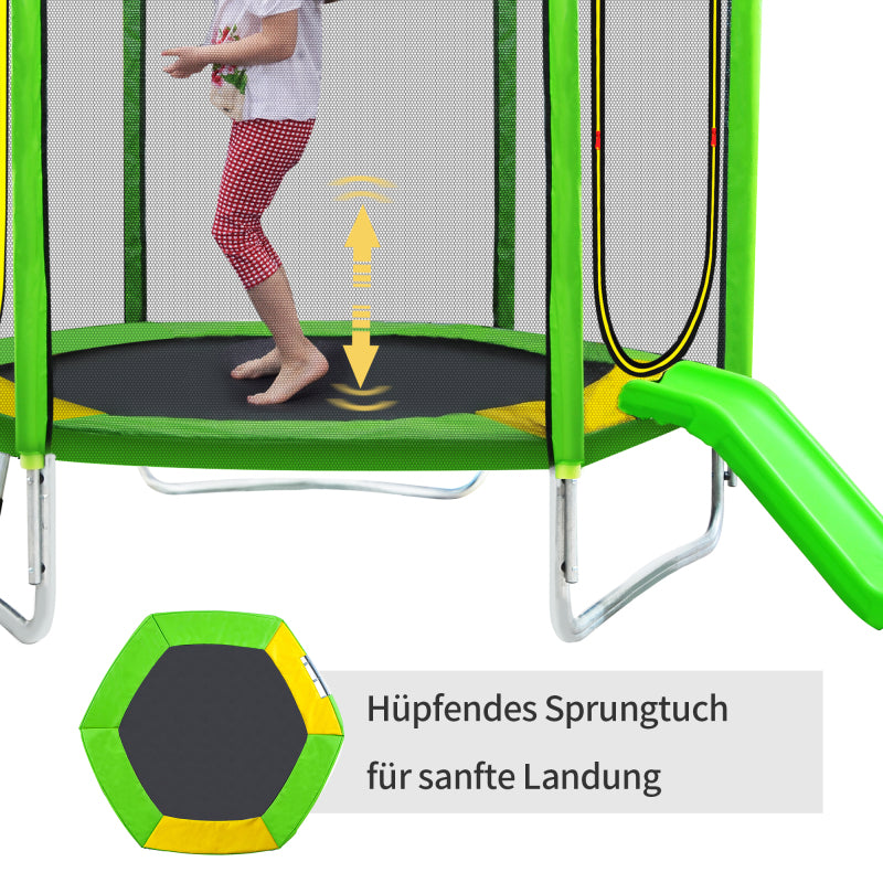 Kinder Trampolin Outdoor Ø 213 cm Gartentrampolin mit Rutsche, Leiter, Netz, Doppeltür und Gepolsterten Stangen,TÜV Zertifiziert,bis 100 kg