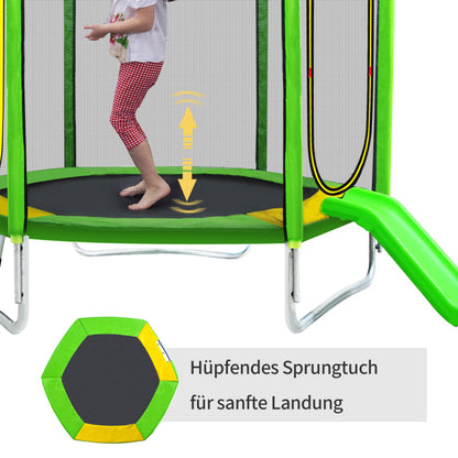 Kinder Trampolin Outdoor Ø 213 cm Gartentrampolin mit Rutsche, Leiter, Netz, Doppeltür und Gepolsterten Stangen,TÜV Zertifiziert,bis 100 kg