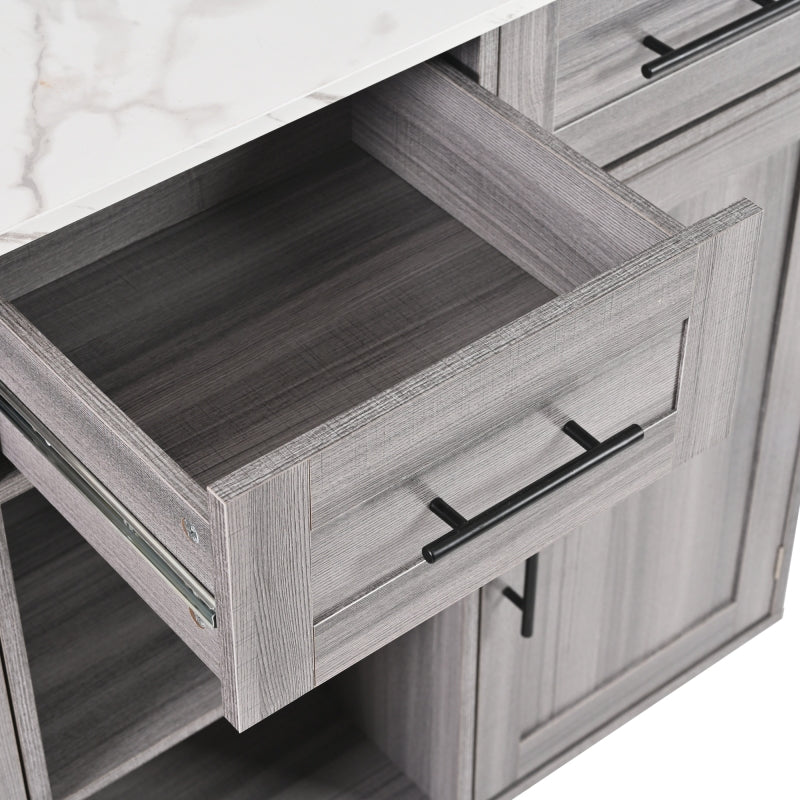 139x46(71)x91.5 cm großer Servierwagen/Beistellschrank, graues Massivholz-Furnier für den Korpus + weiße Marmor-Furnierdekoration für die Arbeitsplatte, Schrank/klappbare Arbeitsfläche/Stauraumtüren/r
