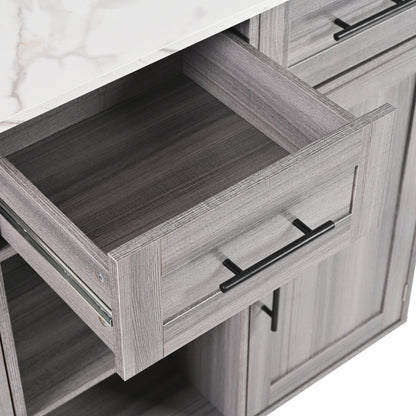 139x46(71)x91.5 cm großer Servierwagen/Beistellschrank, graues Massivholz-Furnier für den Korpus + weiße Marmor-Furnierdekoration für die Arbeitsplatte, Schrank/klappbare Arbeitsfläche/Stauraumtüren/r