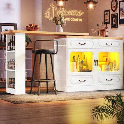 Bartisch ausziehbar 135-203cm, 360° drehbarer Stehtisch mit App-LED-Steuerung & Musik-Modus, Weißer Hochtisch mit 4 Schubladen & Regal