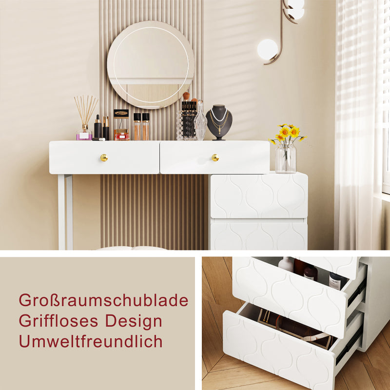 Schminktisch, 5 Schubladen, ohne Spiegel und Hocker, Schrank und Beine links und rechts austauschbar, 90x 40 x 73.5 cm, Wellenmuster, minimalistischer Stil, Kommode, weiß