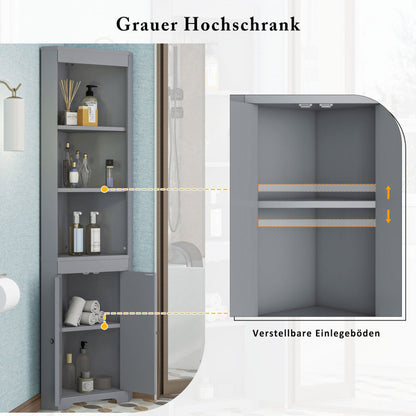 Badezimmer-Hochschrank, Drei offene Ablagefächer, Feuchtigkeitsgeschützte Flügeltüren, Verschiebbare Einlegeböden, Schlichte Form, grau