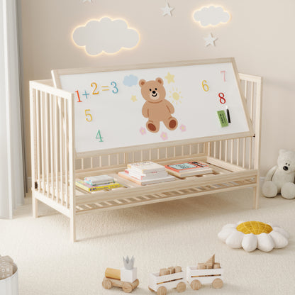Holz Babybett, umwandelbar in Nebenbett / Malerbrettständer / Schreibtisch, höhenverstellbar, ohne Matratze, aus Fichte, naturfarben, 140x60x90cm