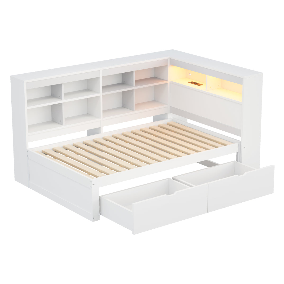 Massivholz-Einzelbett 90x200 Weiß mit LED & USB-Steckdose - Multifunktionales Schlafsofa mit Regalen, Ablagefächern & viel Stauraum, Weiß