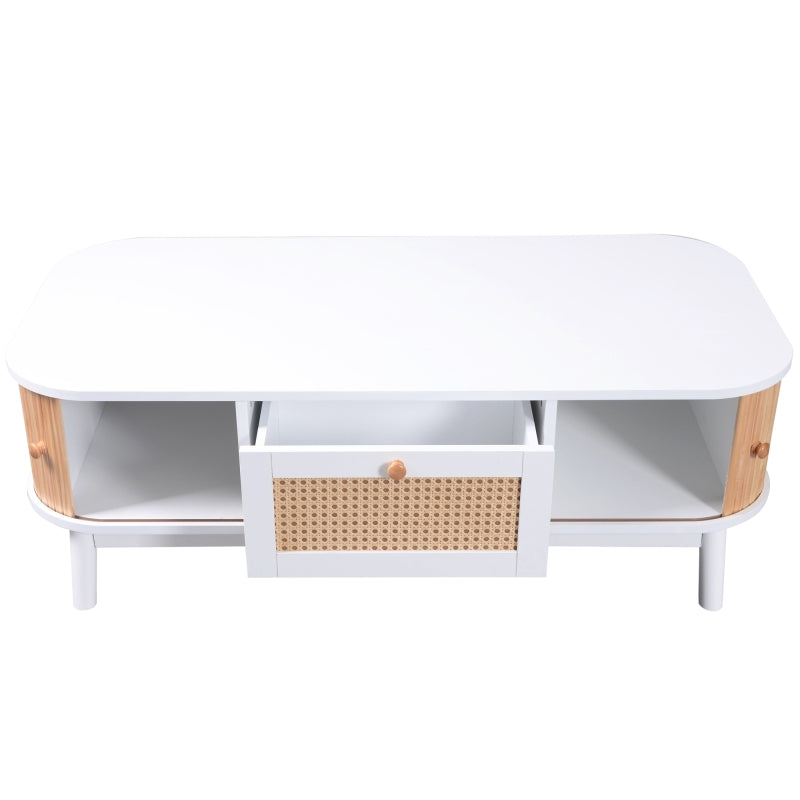 Couchtisch - Rattan-Kaffeetisch, Schubladen mit Rattan und Schiebetüren mit Massivholzlatten, Massivholzbeine, Natürlicher Landhausstil.