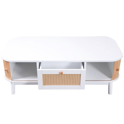 Couchtisch - Rattan-Kaffeetisch, Schubladen mit Rattan und Schiebetüren mit Massivholzlatten, Massivholzbeine, Natürlicher Landhausstil.