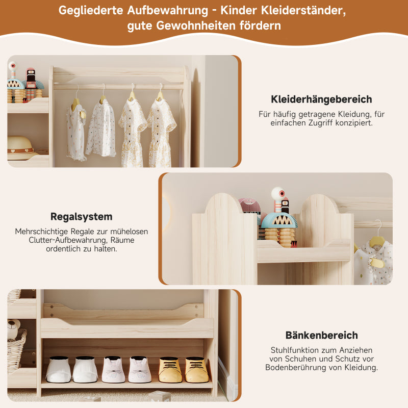 Kindergarderobe/Kinderkleiderschrank mit Kleiderstange & 4 Regalen, Aufbewahrung für Kinderzimmer, Standgarderobe Naturholz, 110*39*110 cm