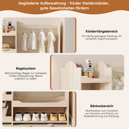 Kindergarderobe/Kinderkleiderschrank mit Kleiderstange & 4 Regalen, Aufbewahrung für Kinderzimmer, Standgarderobe Naturholz, 110*39*110 cm