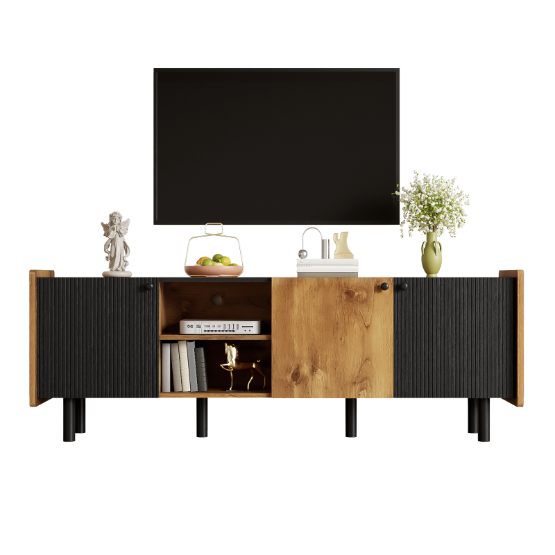 90 cm Schwarze und Holzfarbene Couchtisch – Moderner Stil, Zwei Offene Fächer und Zwei Türen, Dämpfende Scharniere