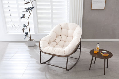 Outdoor Rocking Chair, Patio Oversized Wicker Egg Rocking Chair, Indoor & Outdoor Comfy Rocker Chair with Thick Cushion, Modern Lounge Chair for Balcony, Front Porch, Garden, Backyard, Deck White