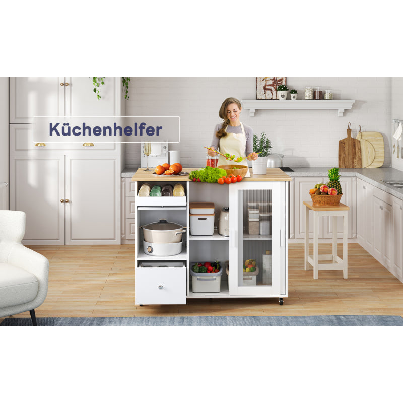112×46(69)×91cm, klappbarer Kücheninselwagen, Eichenholzfurnier, Weinregal, Schubladen, großer Kücheninselwagen mit Schiebetüren aus gehärtetem Glas und verstellbaren Einlegeböden, mobiler Inselwagen