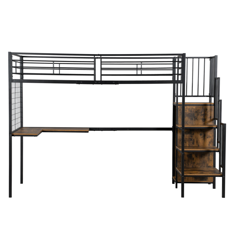 Eisenbett, Etagenbett, Hochbett, Geeignet für Kinder und Jugendliche, mit Tisch und Kleiderschrank, Seitenleiter mit Handlauf, Eisen+Spanplatte, Schwarz+dunkle Holzfarbe, 90x200cm
