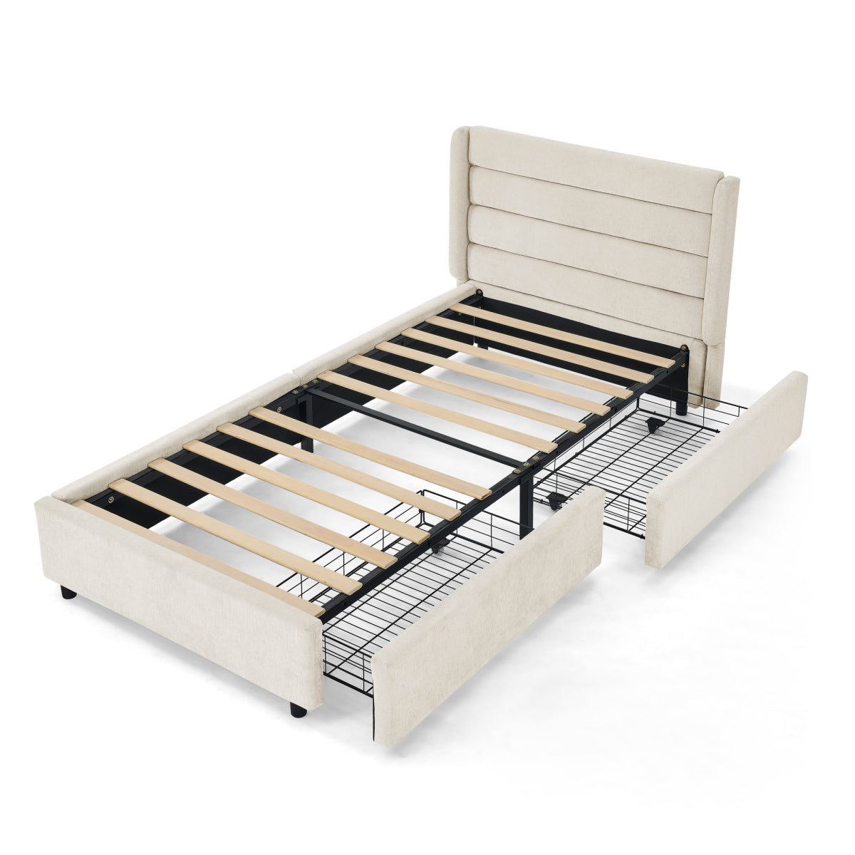 Einzelbett 90×200 cm mit Chenille-Oberfläche & 2 Schubladen, stabiles Bettgestell aus Holz/Metall, ideal für Kinder-, Jugend- & Gästezimmer, Beige (ohne Matratze)