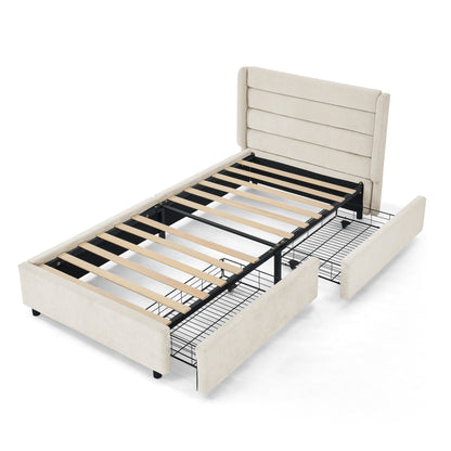 Einzelbett 90×200 cm mit Chenille-Oberfläche & 2 Schubladen, stabiles Bettgestell aus Holz/Metall, ideal für Kinder-, Jugend- & Gästezimmer, Beige (ohne Matratze)