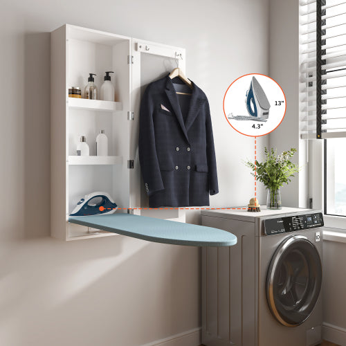 Wand-Bügelschrank mit Spiegel, Integriertes Bügelbrett klappbar, Bügelstation zur Wandmontage mit Stauraum