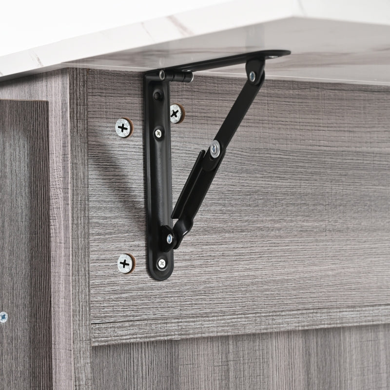 139x46(71)x91.5 cm großer Servierwagen/Beistellschrank, graues Massivholz-Furnier für den Korpus + weiße Marmor-Furnierdekoration für die Arbeitsplatte, Schrank/klappbare Arbeitsfläche/Stauraumtüren/r