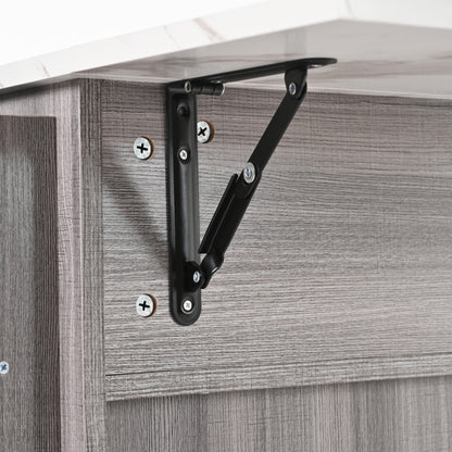 139x46(71)x91.5 cm großer Servierwagen/Beistellschrank, graues Massivholz-Furnier für den Korpus + weiße Marmor-Furnierdekoration für die Arbeitsplatte, Schrank/klappbare Arbeitsfläche/Stauraumtüren/r