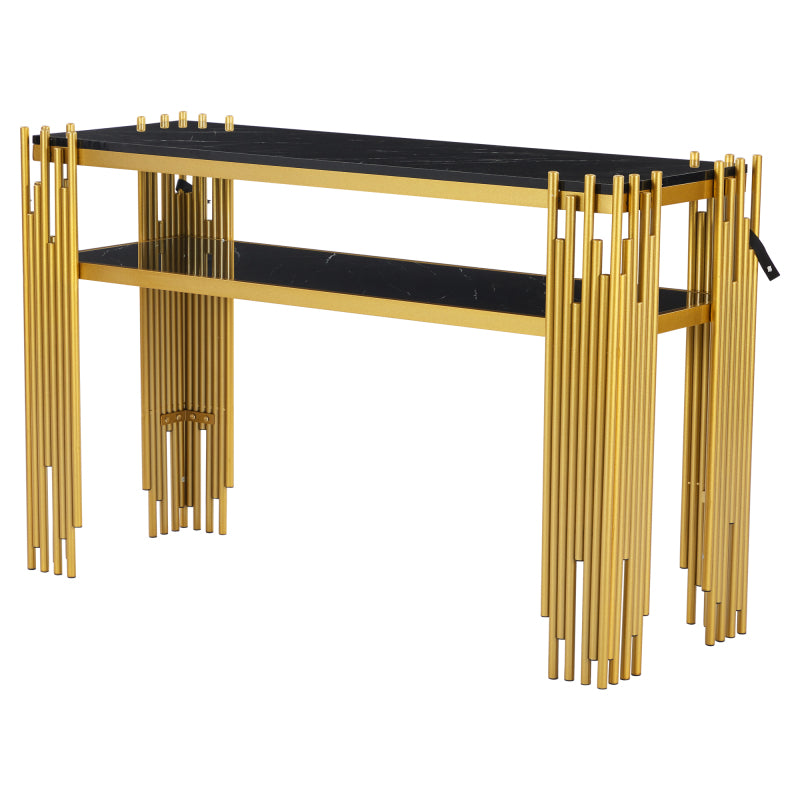 Mid-Century Modern Wohnzimmer Beistelltisch, Konsolentisch, Schwarzer Korpus mit goldenen Beinen, Doppelschicht MDF, Belastbarkeit bis 40 kg